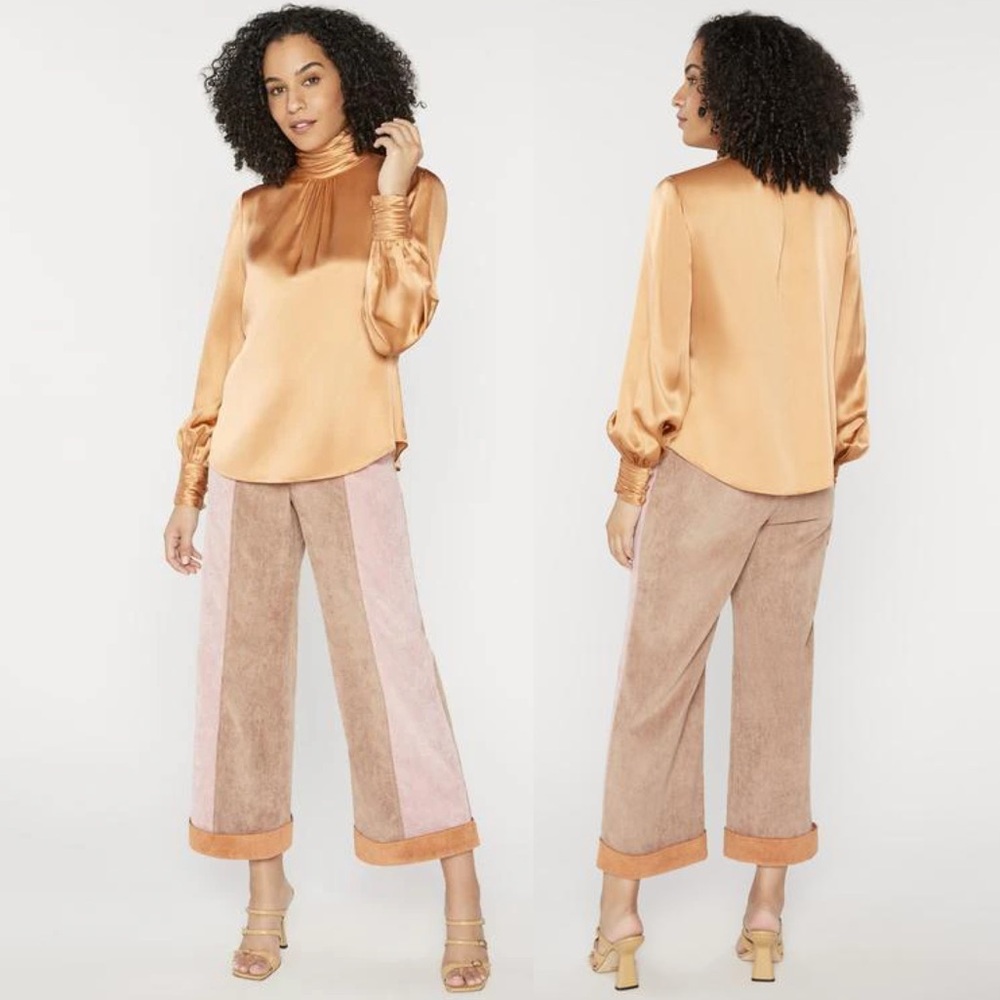 Cinq A Sept Jayla Silk Pleated Turtleneck Top in Bronze - Picture 2 of 10